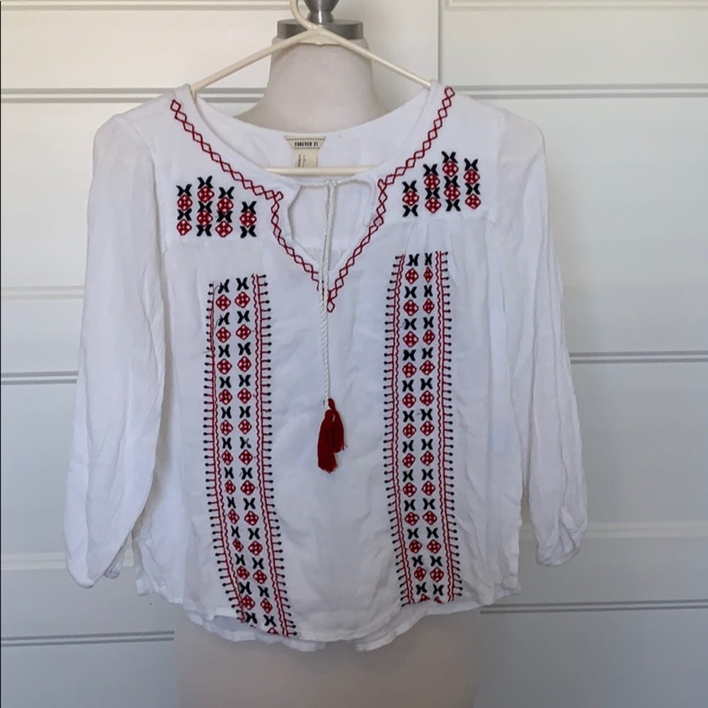 Forever 21 White Long Eleeve Blouse w/ Tassle